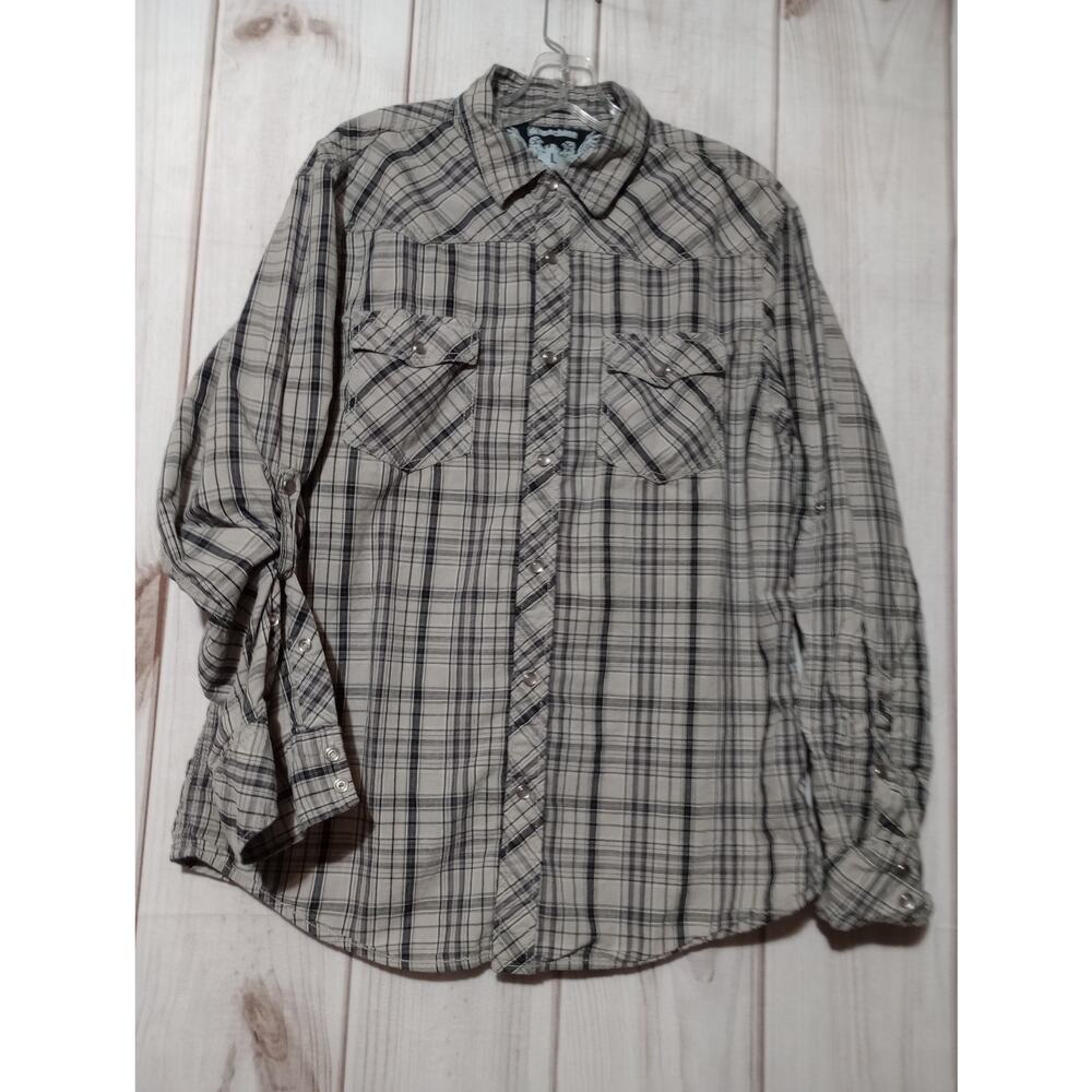 Machine Clothing Co Mens Large Tan Black Plaid Western‎ Snap Roll Tab Shirt L